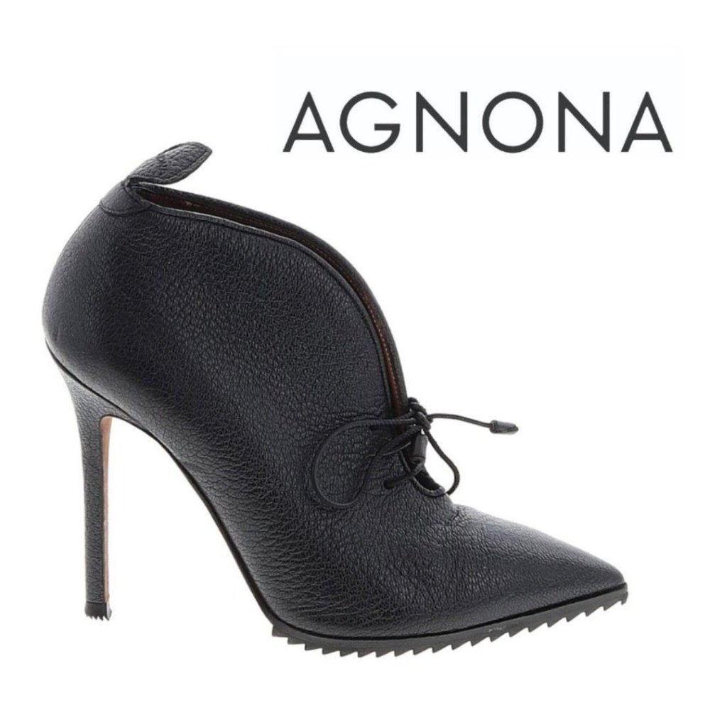 Agnona Black Leather Stiletto Bootie 36 Designer Sexy Low Cut Laced